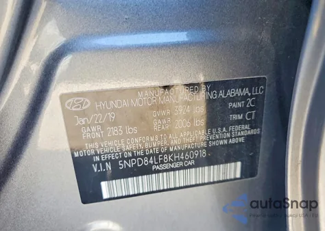 2019 Hyundai Elantra Sel z USA, uszkodzony, nr VIN 5NPD84LF8KH460918